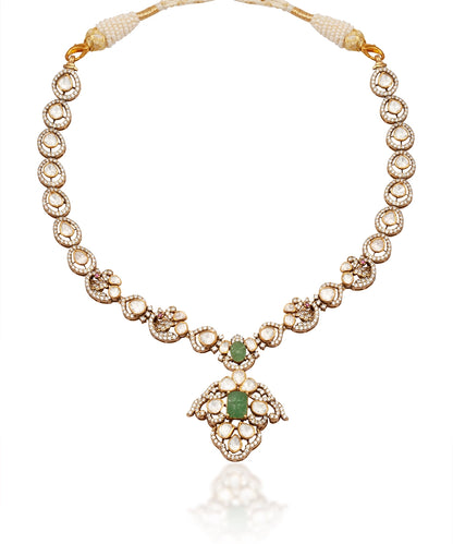 Silver Victorian Moissanite and Emerald Green Necklace