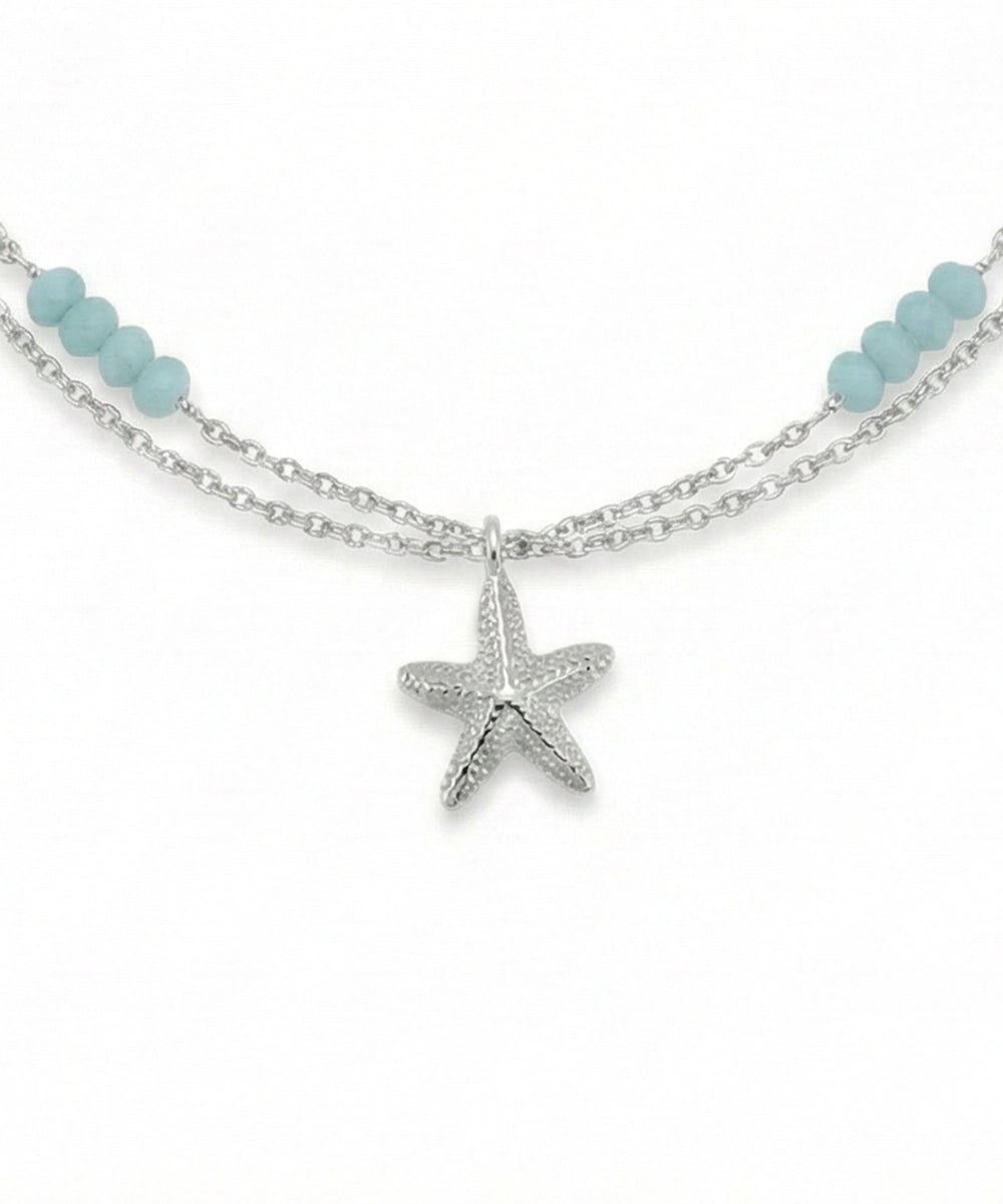 Silver Triple Star and Aqua Bead Layered Anklet