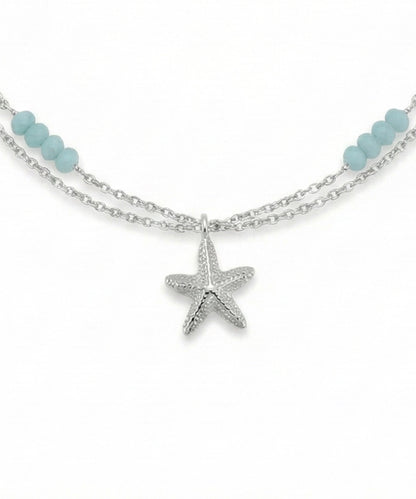 Silver Triple Star and Aqua Bead Layered Anklet