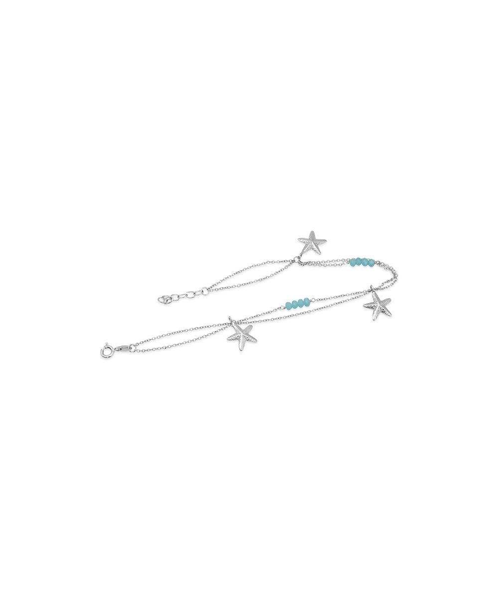 Silver Triple Star and Aqua Bead Layered Anklet