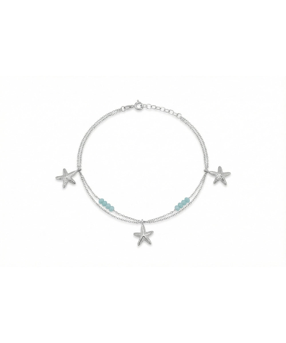 Silver Triple Star and Aqua Bead Layered Anklet