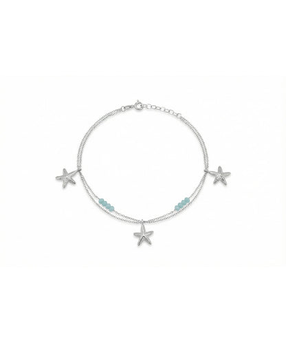Silver Triple Star and Aqua Bead Layered Anklet