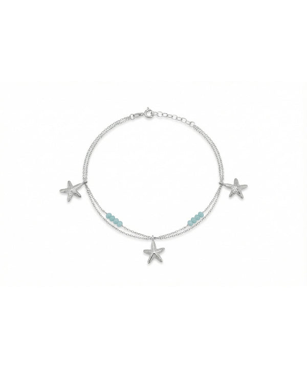 Silver Triple Star and Aqua Bead Layered Anklet