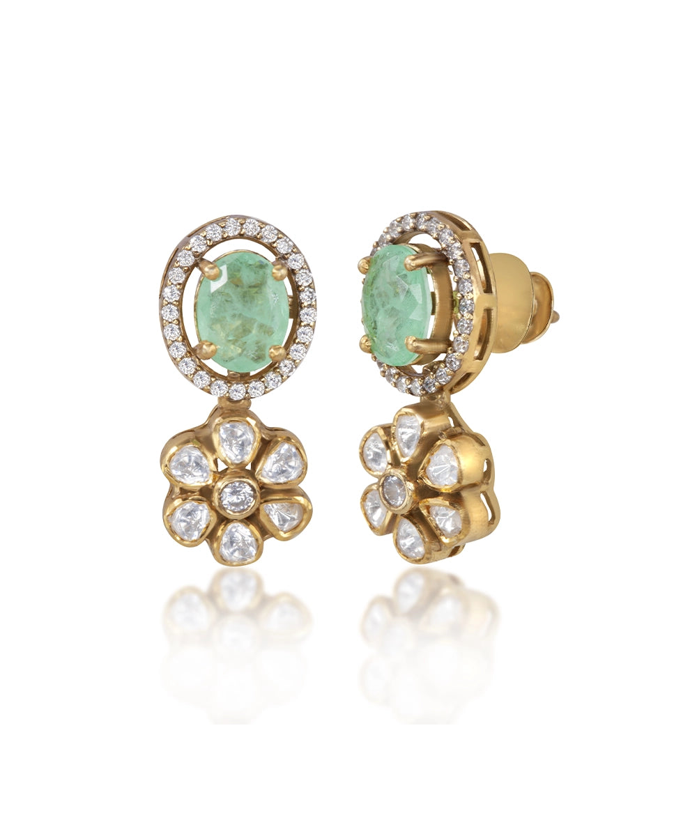 Silver Vivid Green Doublet and Moissanite Flower Earrings