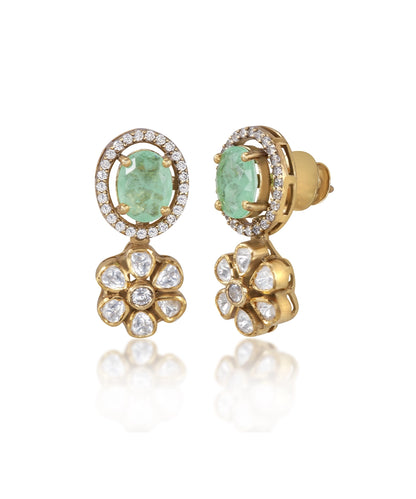 Silver Vivid Green Doublet and Moissanite Flower Earrings