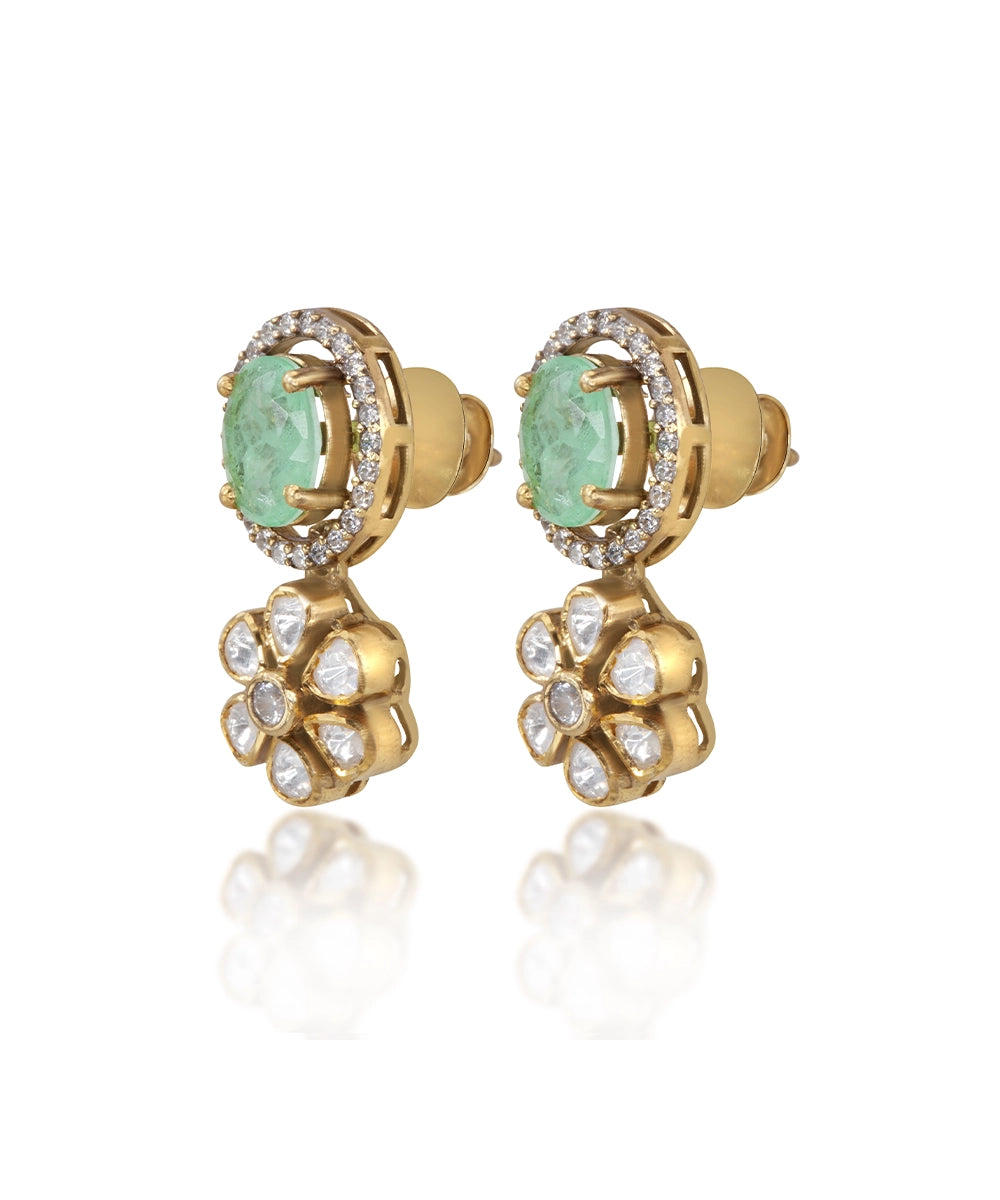Silver Vivid Green Doublet and Moissanite Flower Earrings