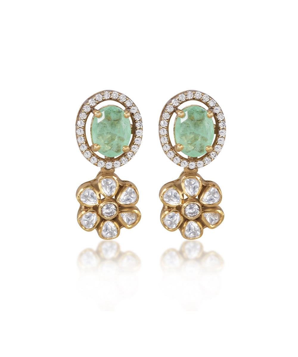 Silver Vivid Green Doublet and Moissanite Flower Earrings