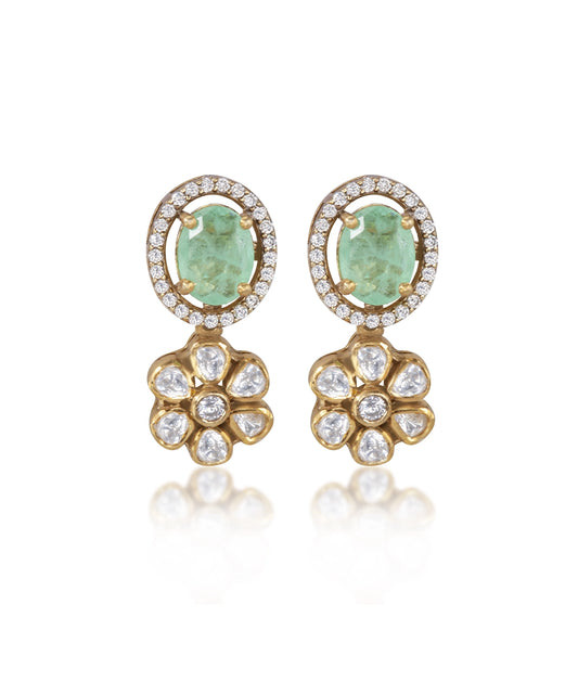 Silver Vivid Green Doublet and Moissanite Flower Earrings