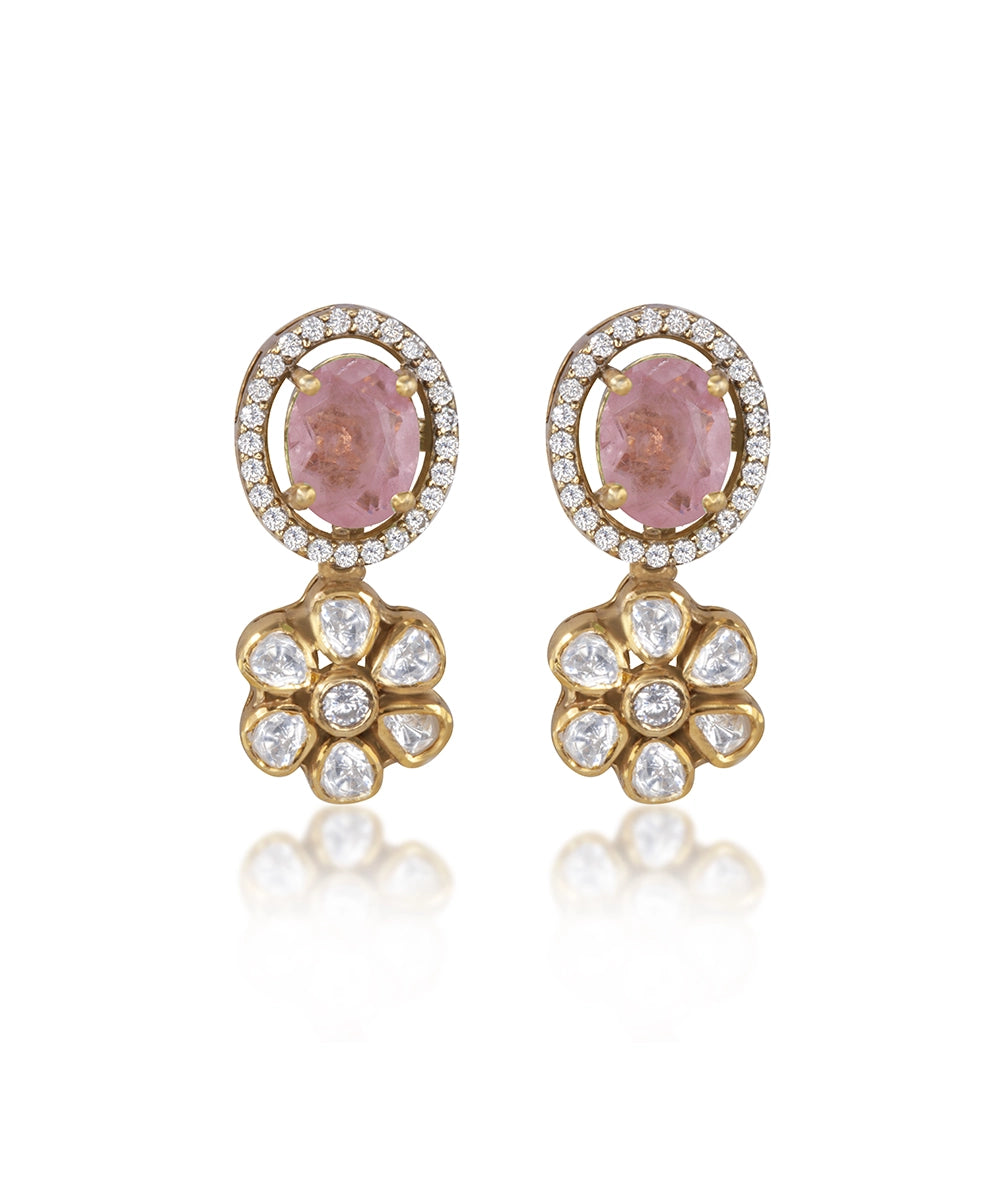 Silver Vivid Pink Doublet and Moissanite Flower Earrings