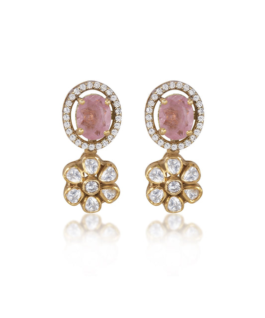 Silver Vivid Pink Doublet and Moissanite Flower Earrings