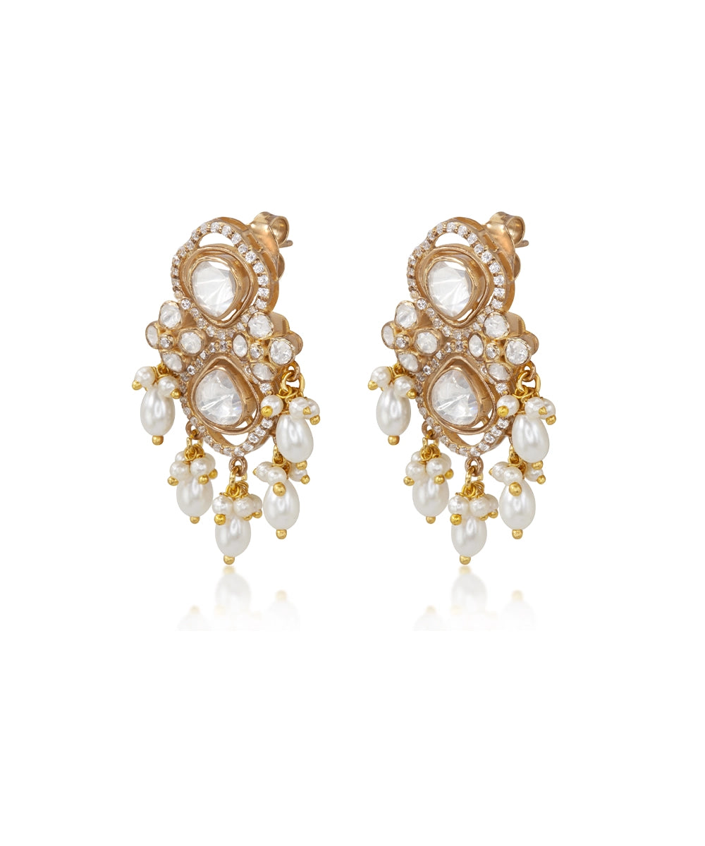 Silver Heirloom Jadau Pearl and Moissanite Earrings