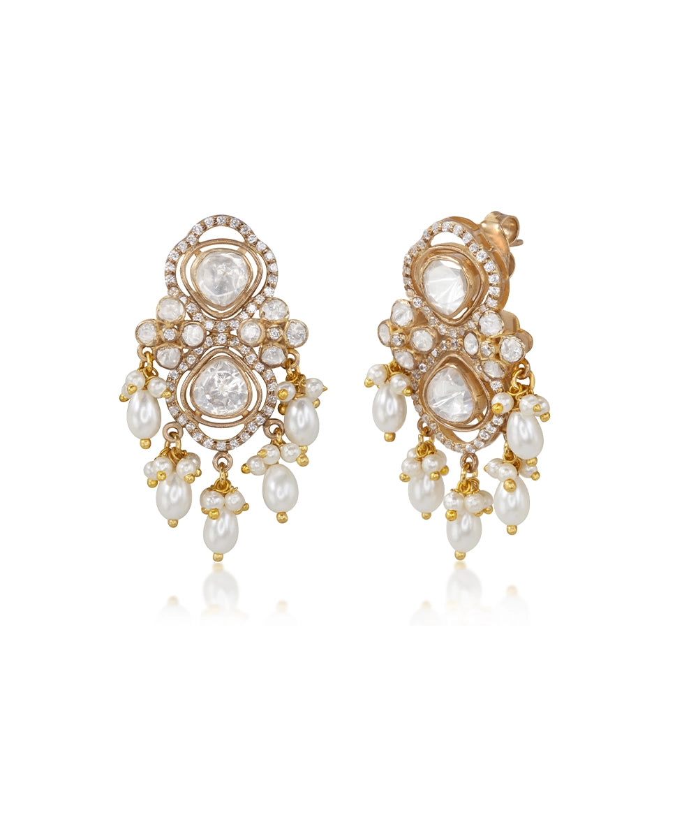 Silver Heirloom Jadau Pearl and Moissanite Earrings