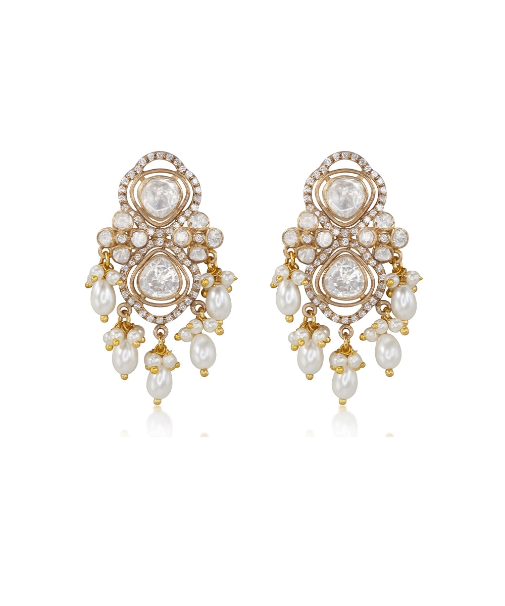 Silver Heirloom Jadau Pearl and Moissanite Earrings