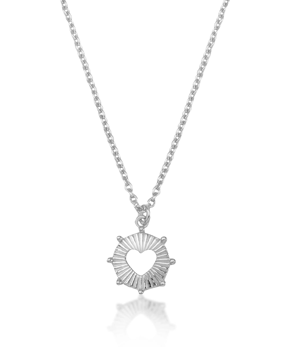 Silver Textured Sunburst Heart Necklace