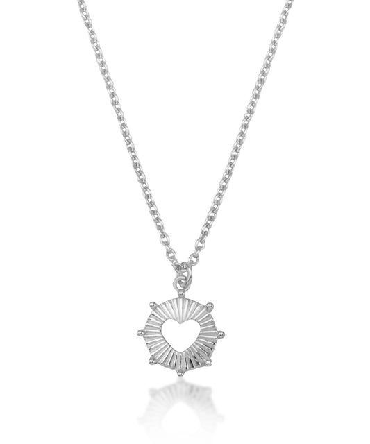 Silver Textured Sunburst Heart Necklace