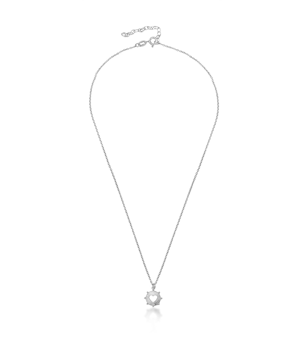 Silver Textured Sunburst Heart Necklace
