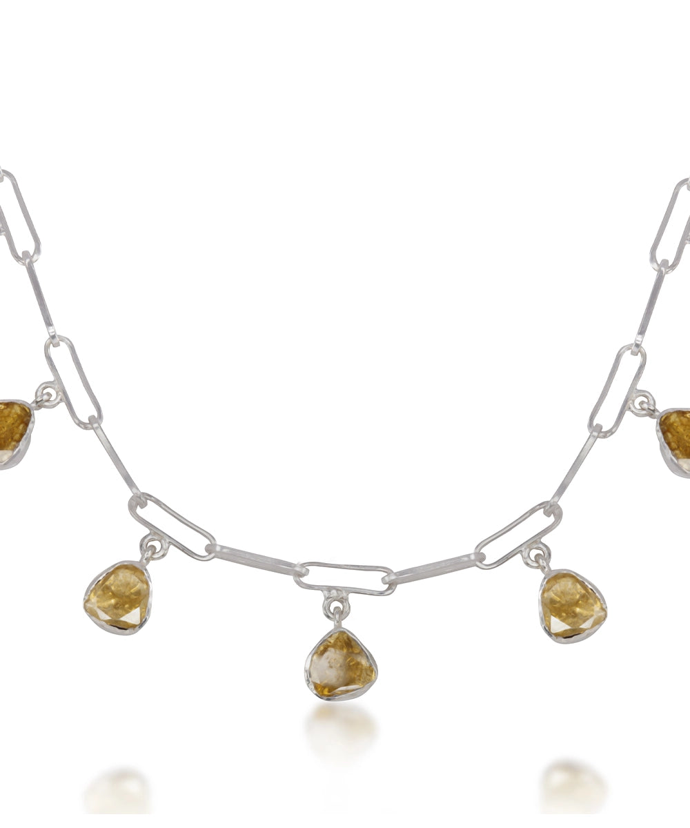 Silver Paperclip Necklace with Yellow Polki Drops