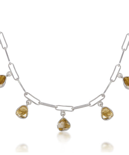 Silver Paperclip Necklace with Yellow Polki Drops