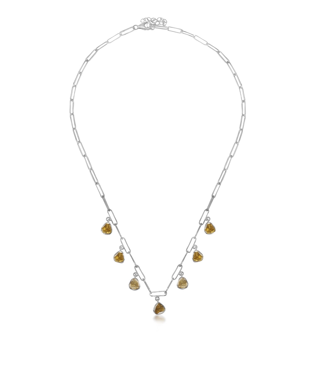 Silver Paperclip Necklace with Yellow Polki Drops