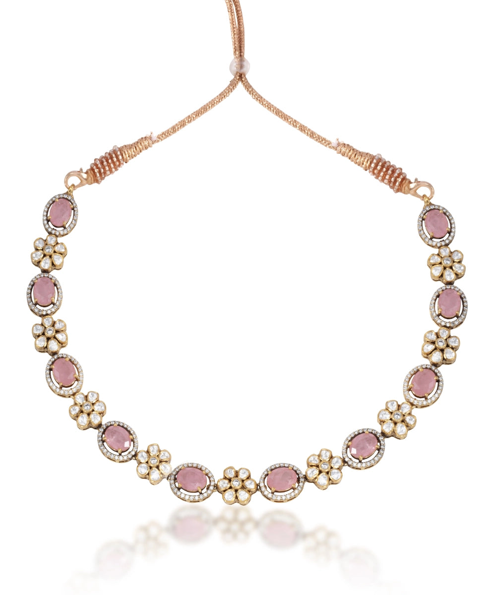 Silver Vivid Pink Doublet and Moissanite Floral Necklace