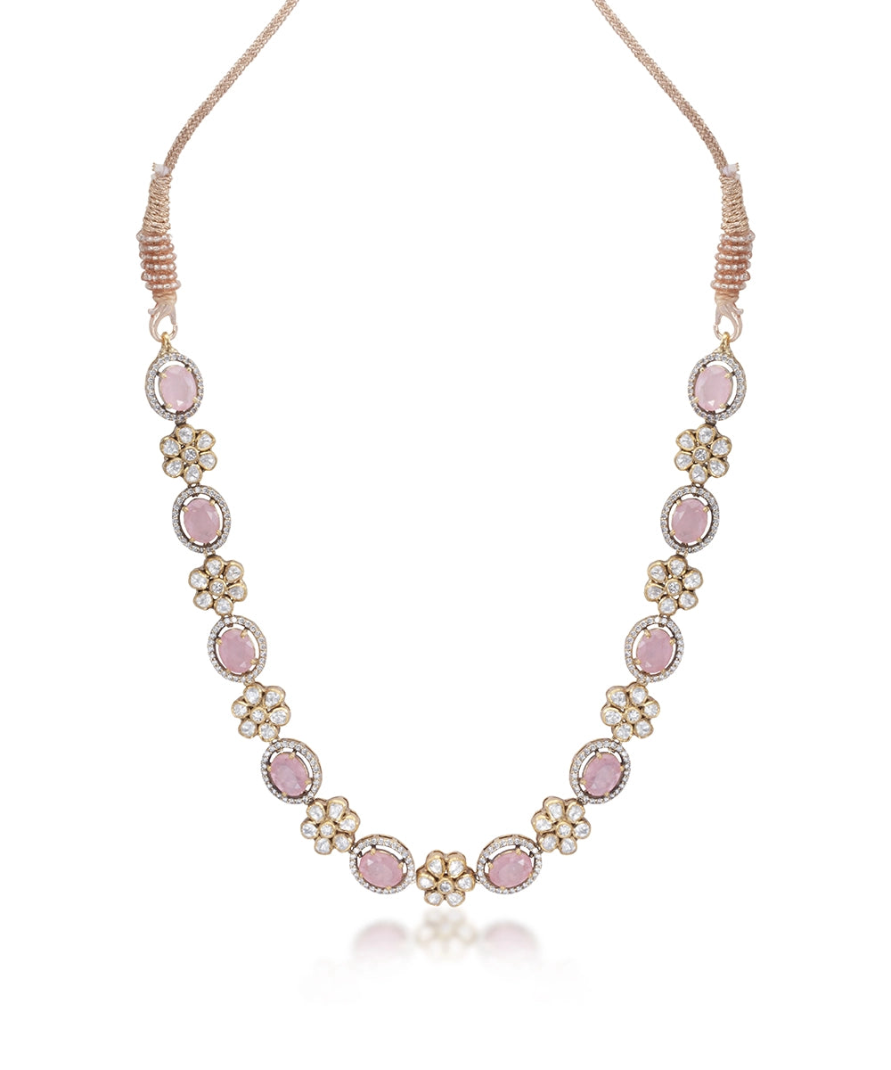 Silver Vivid Pink Doublet and Moissanite Floral Necklace