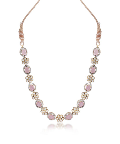 Silver Vivid Pink Doublet and Moissanite Floral Necklace