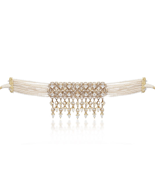 Silver Multi-Strand Maharani Pearl and Moissanite Choker