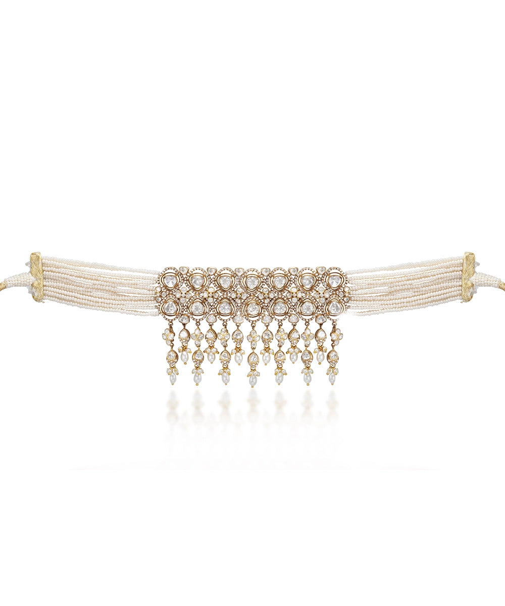 Silver Multi-Strand Maharani Pearl and Moissanite Choker