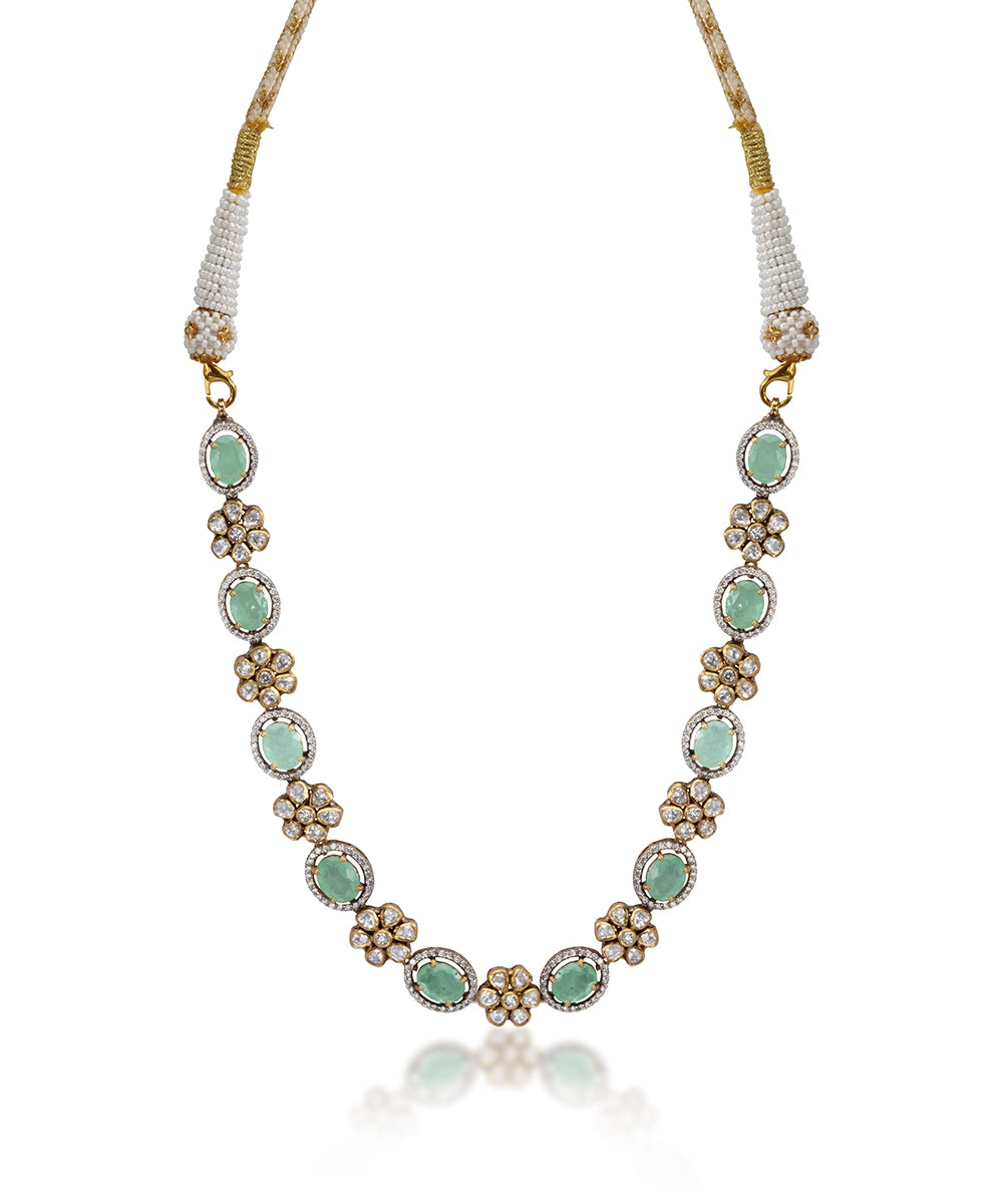 Silver Vivid Green Doublet and Moissanite Floral Necklace