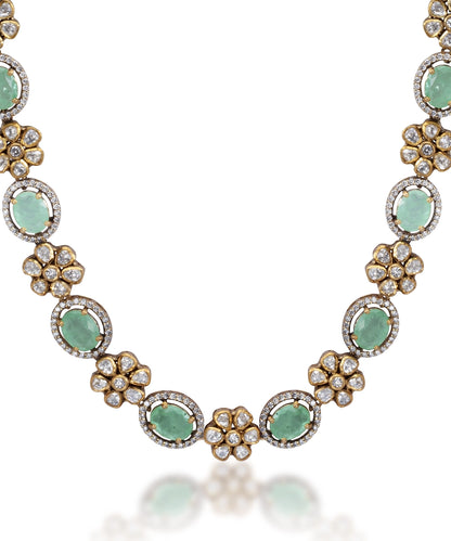 Silver Vivid Green Doublet and Moissanite Floral Necklace