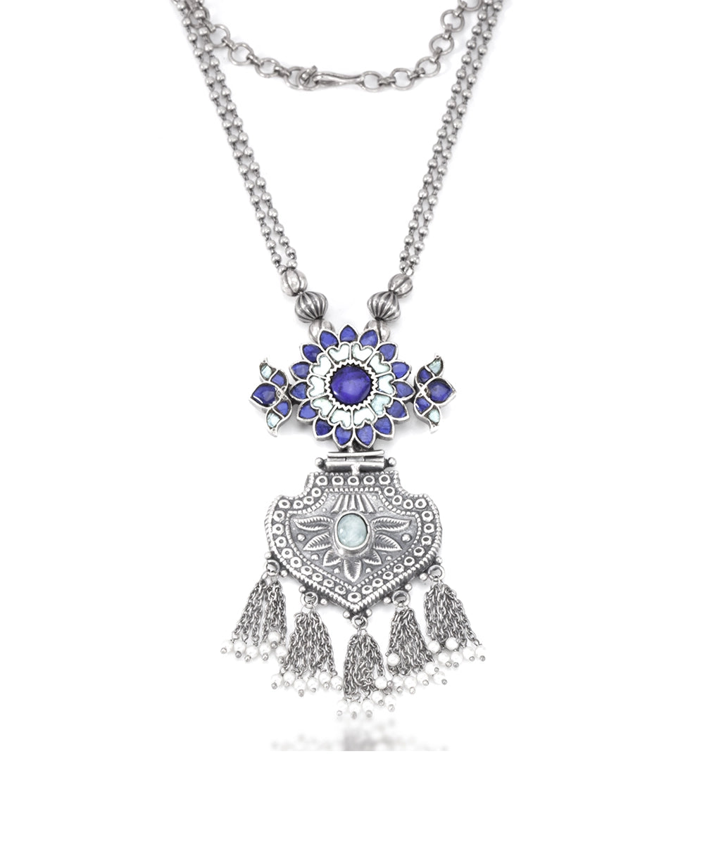 Silver Blue Kundan Long Chain Tribal Necklace