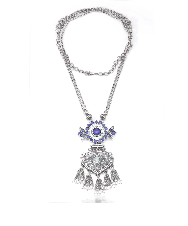 Silver Blue Kundan Long Chain Tribal Necklace