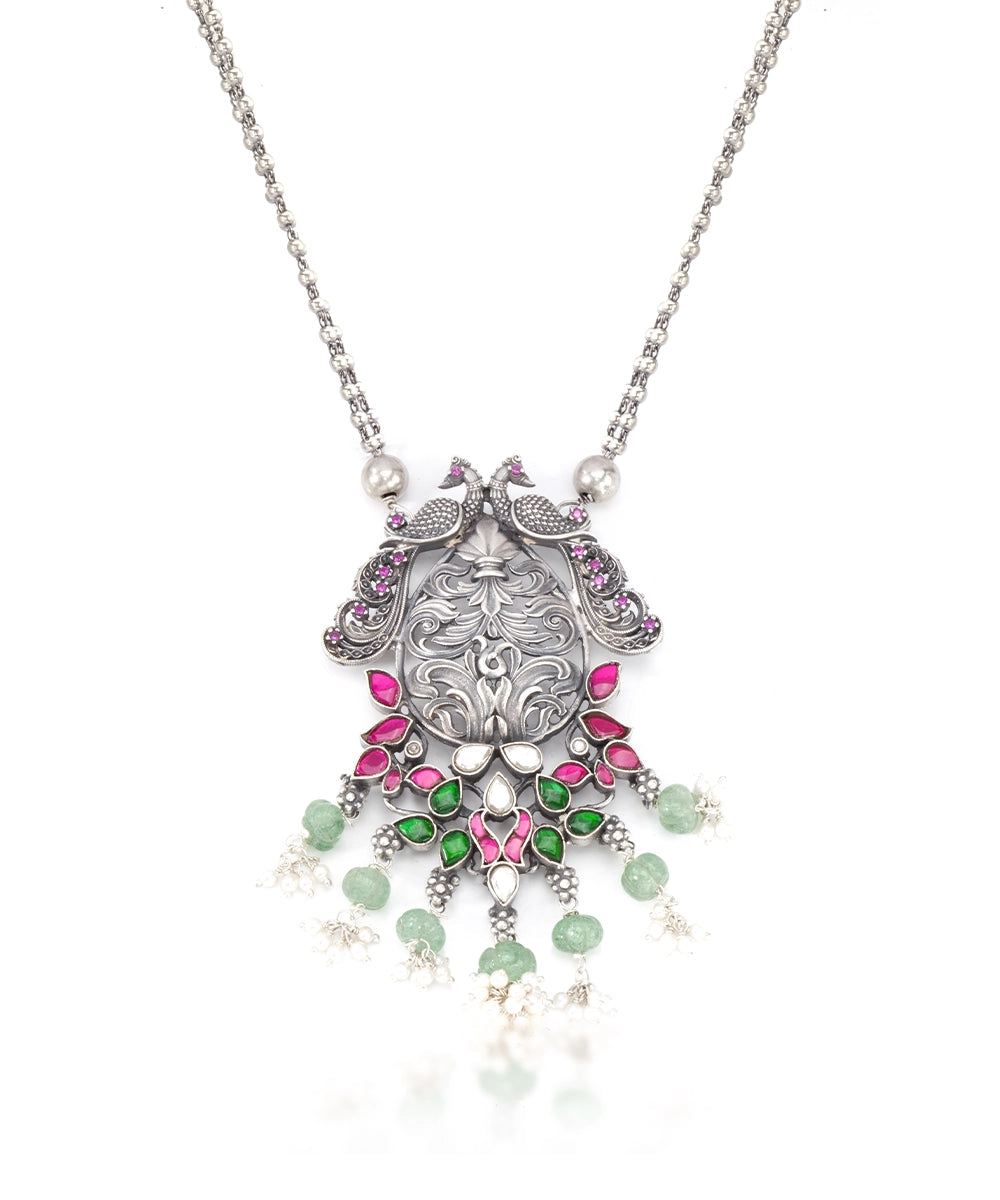 Silver Tribal Peacock Pendant Necklace