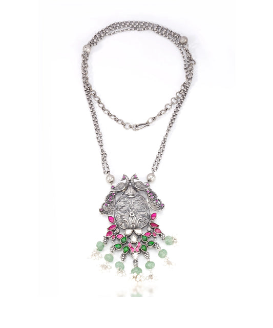 Silver Tribal Peacock Pendant Necklace