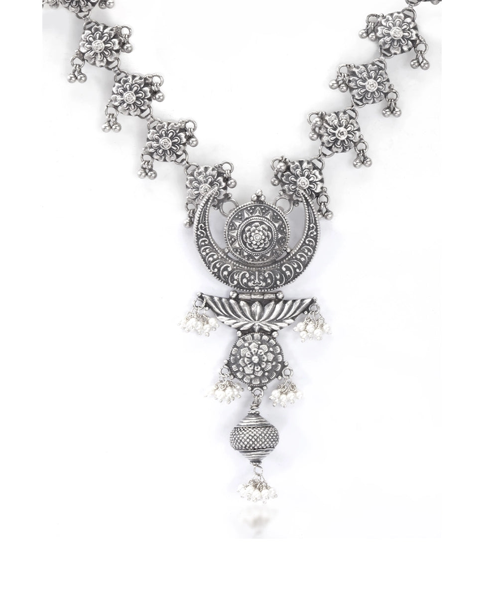 Silver Crescent Moon And Temple Design Necklace