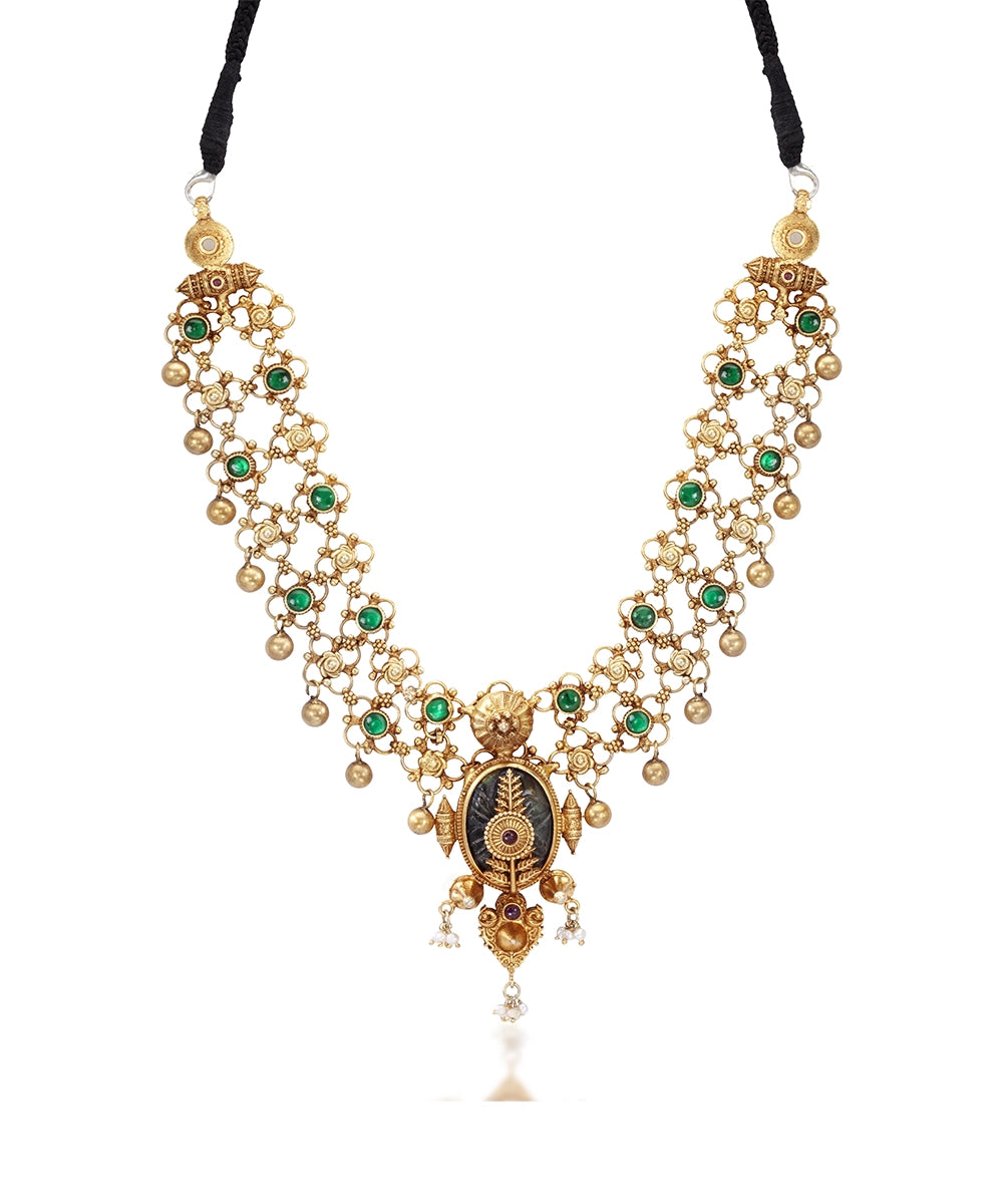 Silver Heritage Necklace with Green Kundan Accents