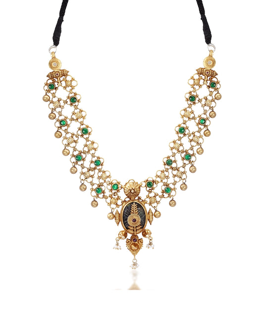 Silver Heritage Necklace with Green Kundan Accents