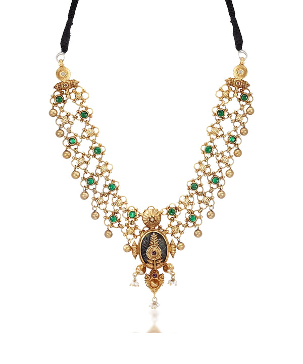 Silver Heritage Necklace with Green Kundan Accents
