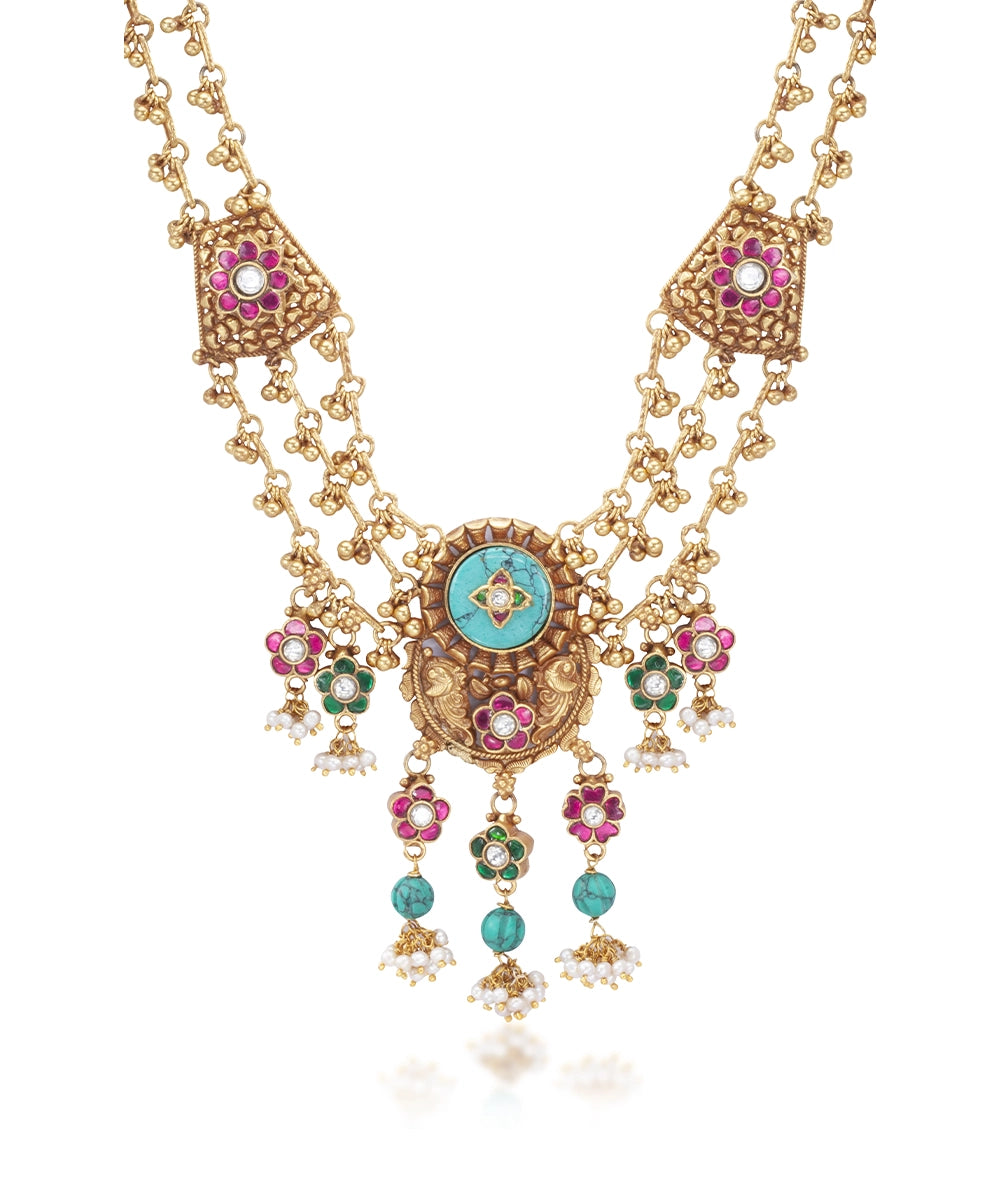 Silver Double Layered Pink/Turquoise Rajwadi Style Necklace