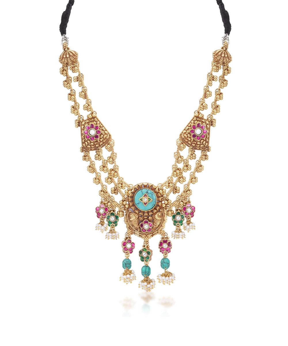 Silver Double Layered Pink/Turquoise Rajwadi Style Necklace
