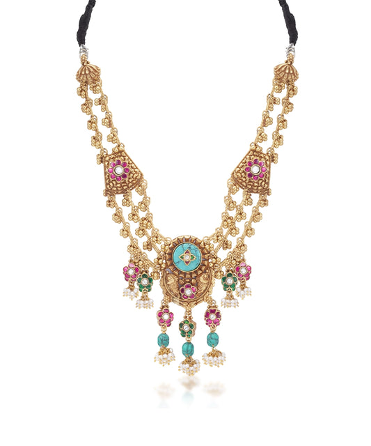 Silver Double Layered Pink/Turquoise Rajwadi Style Necklace