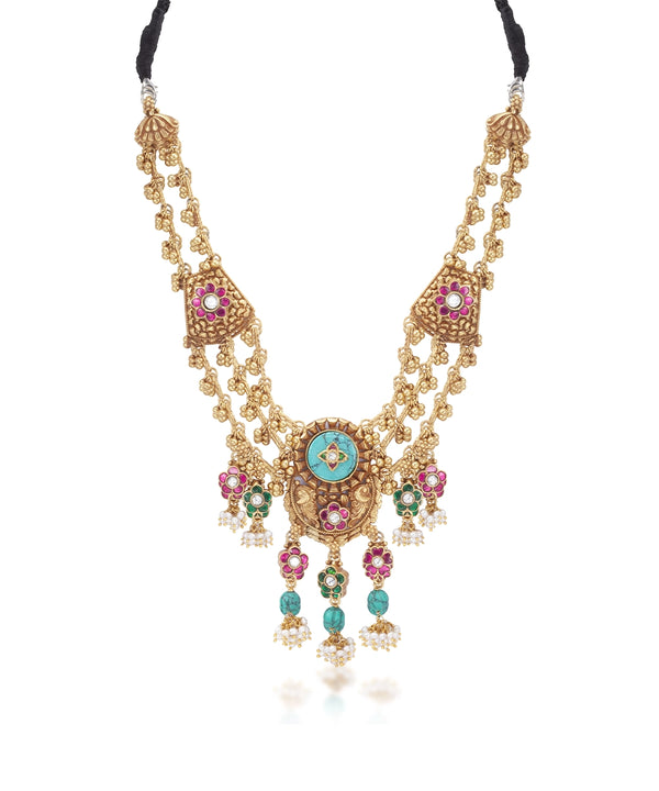 Silver Double Layered Pink/Turquoise Rajwadi Style Necklace