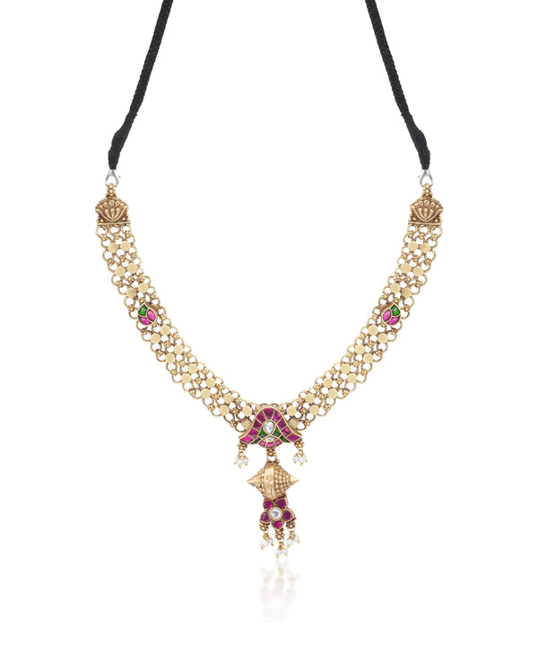 Silver Lattice Necklace with Temple Drop