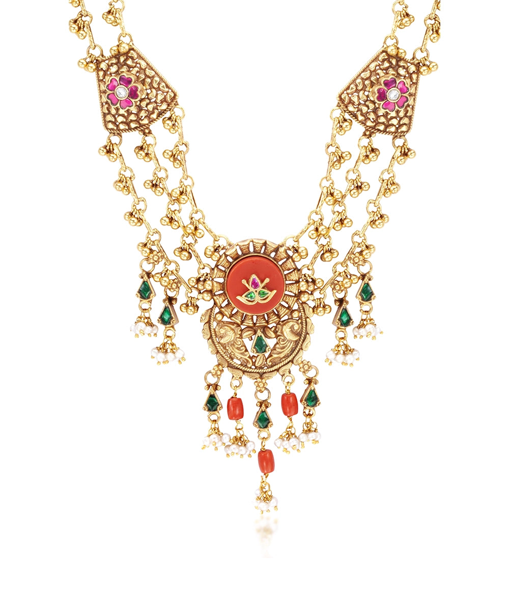 Silver Double Layered Pink/Coral Rajwadi Style Necklace