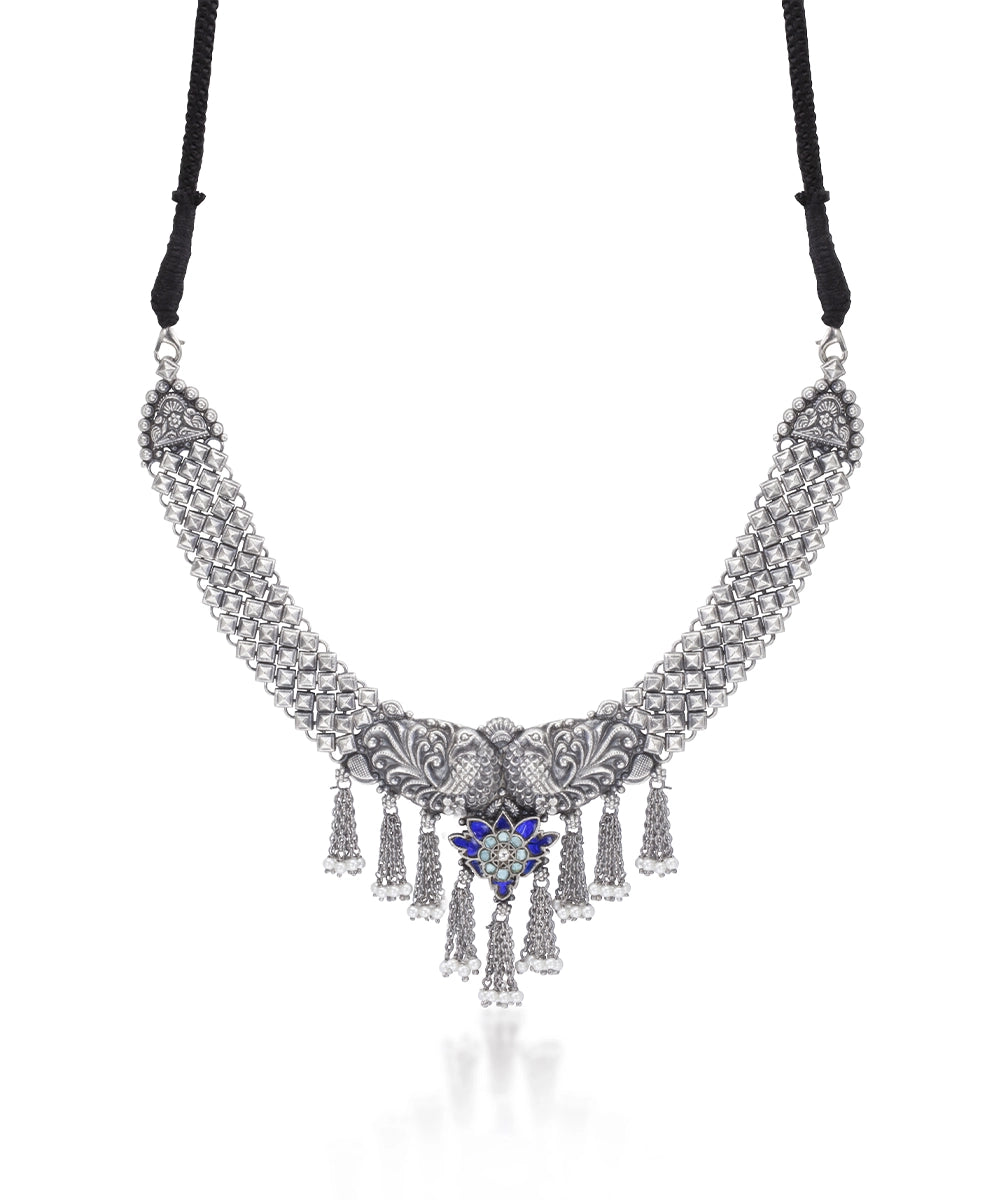 Silver Dancing Peacock And Fringe Necklace