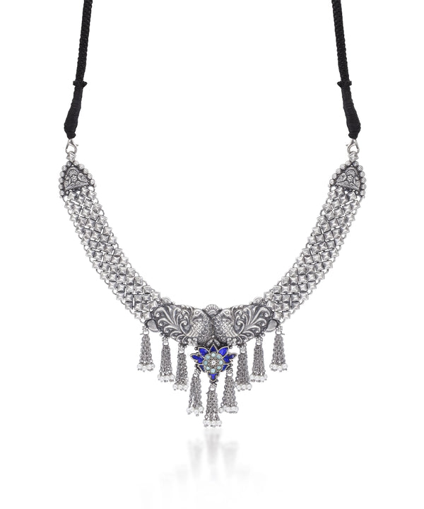 Silver Dancing Peacock And Fringe Necklace