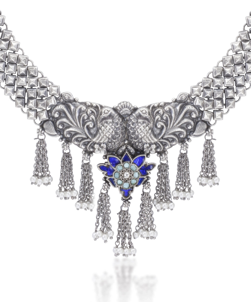 Silver Dancing Peacock And Fringe Necklace