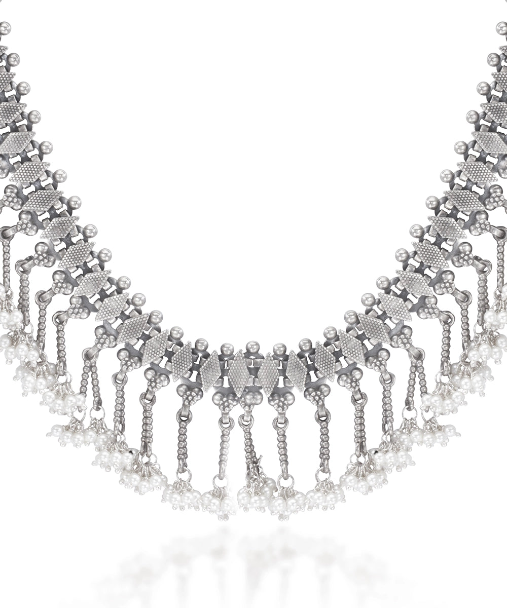 Silver Choker with Cluster Pearl Dangles