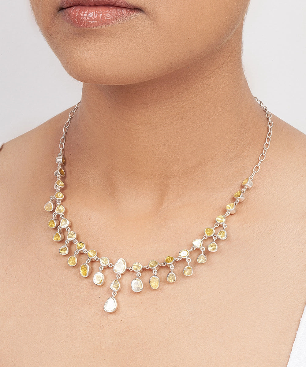 Silver Polki Diamond Cascade Drop Statement Necklace