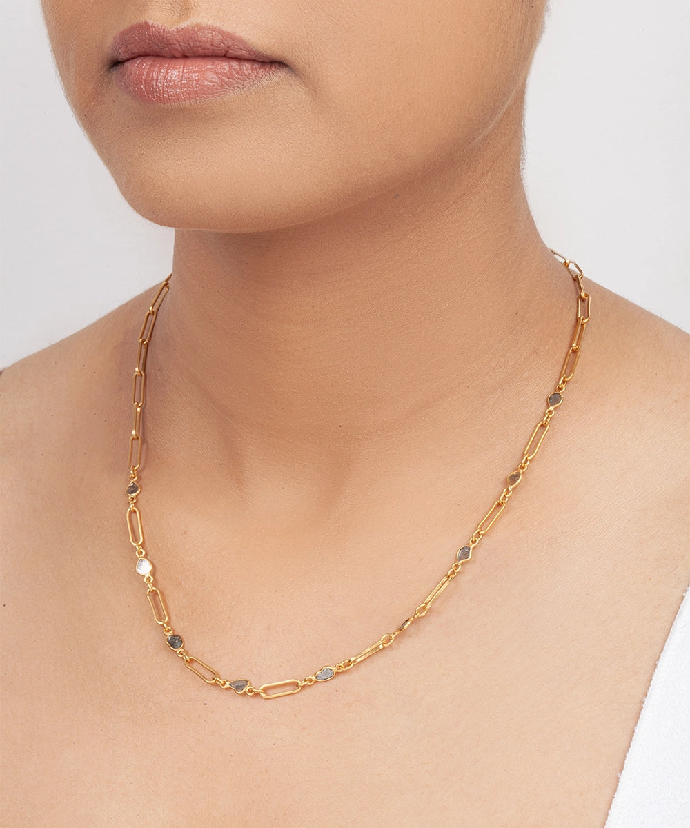 Silver Polki Diamond Station Paperclip Chain Necklace